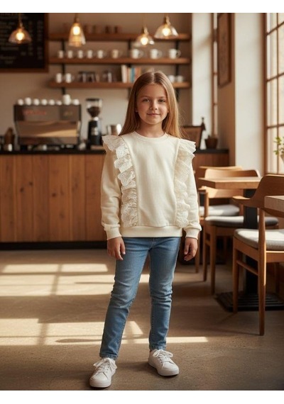 Kız Çocuk Pamuklu Dantel Detaylı Sweatshirt-16338 KREM