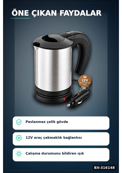 Araç İçi Su Isıtıcı Kettle - 12v Çakmaklık Girişli Paslanmaz Çelik Termos Bx-316148