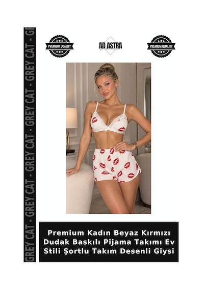 Grey Cat Premium Kadın Beyaz Kırmızı Dudak Baskılı Pijama Takımı Ev Stili Şortlu Takım Desenli Giysi Beyaz - Kırmızı