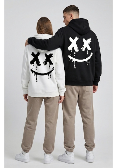 Nevermind Unisex Smile Baskılı Sevgili Kombini Oversize Hoodie Seti Siyah - Beyaz