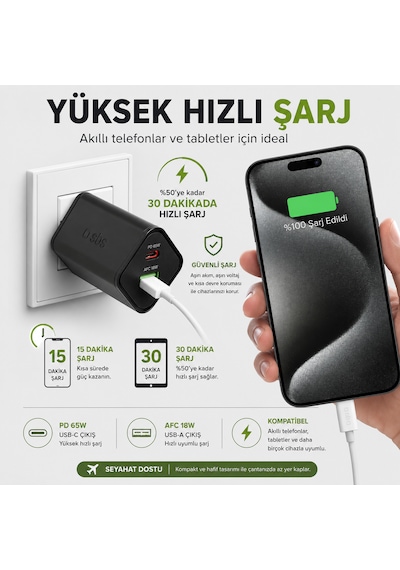 Sbs 65w Gan Hızlı Şarj Adaptörü Usb-c Pd 65w + Usb-a Afc 18w Laptop, Tablet Ve Telefon Uyumlu Avrupa Tipi Fiş