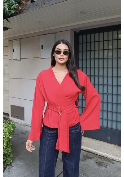 Kechi Woman Krep Kumaş Kruvaze Kemerli Kimono Bluz Kırmızı