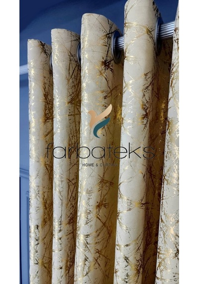 Krem Gold Varak Rustik Perde Kuşgözü Halkalı Boru Halka Dekoring Perde 480 X 250