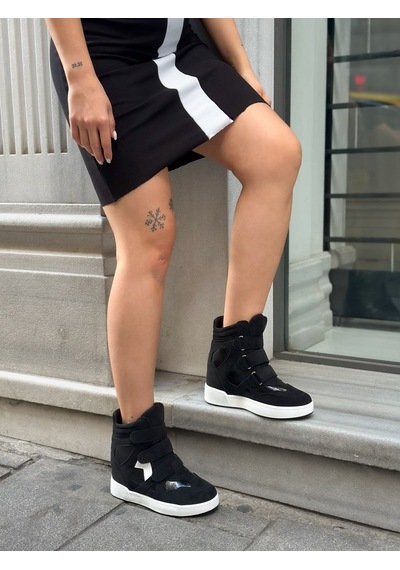 Erva'nın Butiği Siyah Süet İsabe Gizli Topuk Dolgu Topuk 7 Cm Boy Uzatan Sneakers-6446