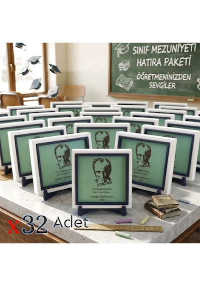 Mezuniyet Ve Karne Günü İçin Atatürk Silüetli 32'li Öğrenci İsmine Özel Hatıra Seti 10x10 Cm
