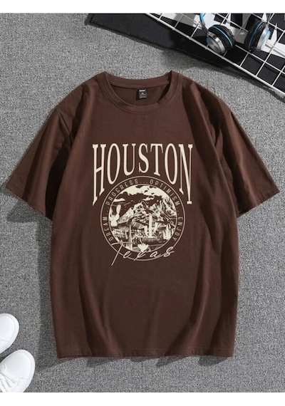 Flood Of Style Erkek Kahverengi Houston Baskılı Bisiklet Yaka Tişört