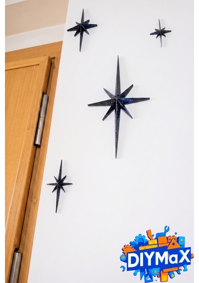 Yıldız Duvar Dekoru 4'lü Set Mid-century Modern Starburst Dekoratif Duvar Süsü - Siyah