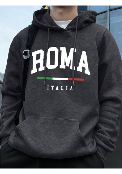 Startmore Startmoreroma Italia Mektup Baskı Erkek Tişörtü Kış Cep Kapüşonlular Moda Polar Sıcak Büyük Boy Kazakl Antrasit