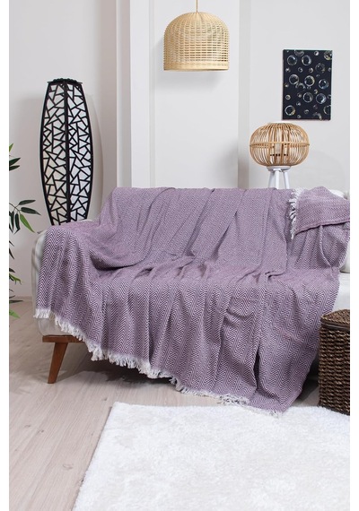 Pamuklu Zikzak Desenli Püsküllü Koltuk Örtüsü, 170x210 Cm, Geometrik Desen, Minimalist Stil, Yıkanabilir Bordo Diğer