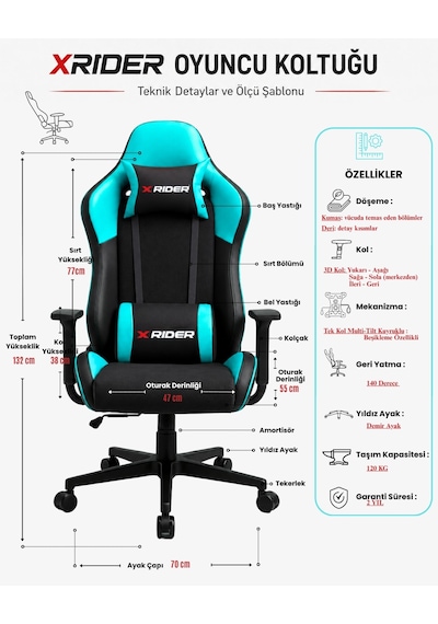 Xrider Bone Model 140 Yatan, Kumaş Oyuncu Koltuğu Turkuaz