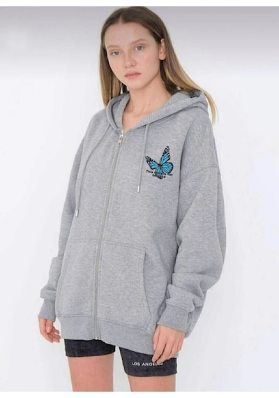Altamira Unisex Siyah Kelebek Sırt Baskılı Ince Mevsimlik Kapşonlu Oversize Hırka 001