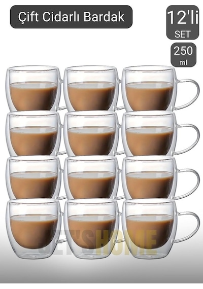 12 Li Set Kulplu Cappuccino Bardağı Latte Bardağı Çift Cidarlı Americano Bardağı 250 Ml Kahve Bardak Şeffaf