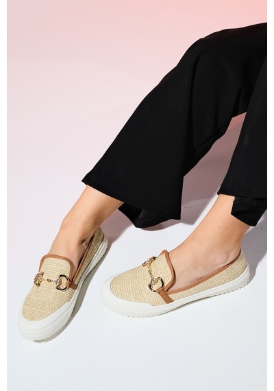 Luvishoes Barcelos Bej Hasır Tokalı Kadın Loafer Ayakkabı Bej