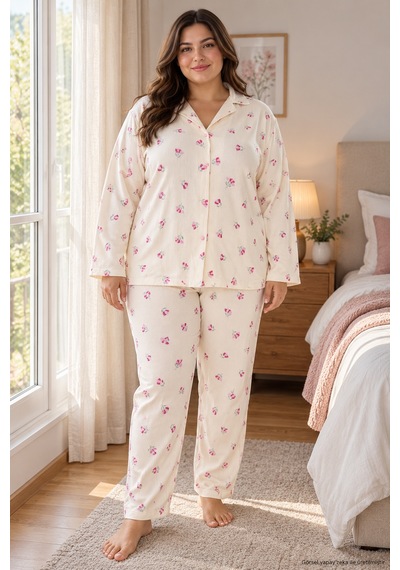 Seboteks Waffle Kumaş Önden Düğmeli Uzun Kollu Büyük Beden Kadın Pijama Takımı 3596 Ekru