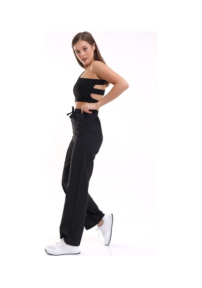 Winmoda34 Kadın Keten Palazzo Pantolon Önü Dikişli siyah