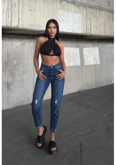 Kene Jeans Yüksek Bel Tam Kalıp Laci İşlemli Lazer Yırtık Mom Jeans Lacivert İşlemli