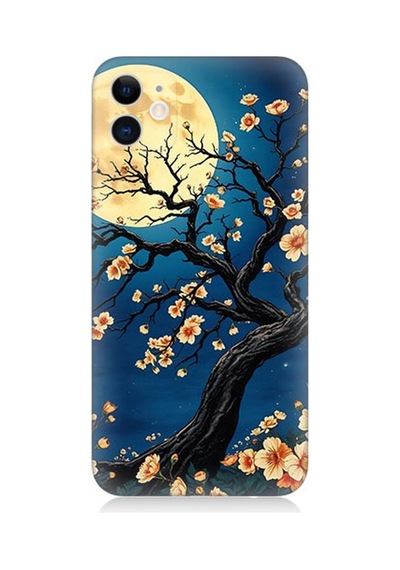 Apple Uyumlu iPhone 12 Mini Ay Altında Kiraz Çiçeği Desenli Silikon Kılıf Çok Renkli