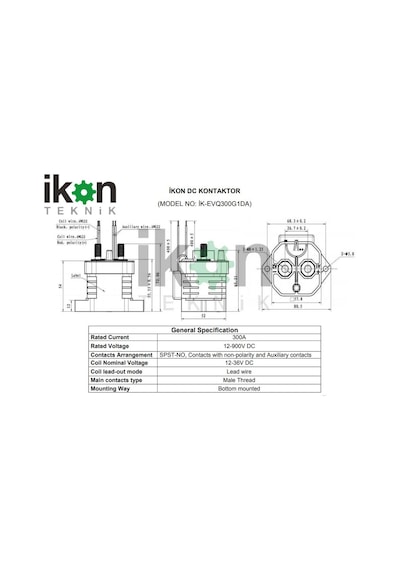 İKON TEKNİK EVQ300G1DA DC Kontaktör 300A 12V 900VDC SPST NO Yardımcı Kontak