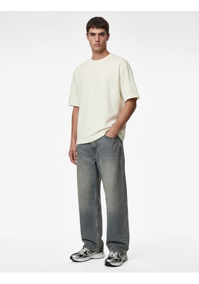 Koton Kısa Kollu Pamuklu Tok Kumaş Bisiklet Yaka Oversize Basic Tişört Ekru 6sam10385mk