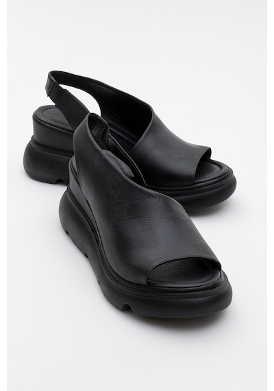 Luvishoes Agusto Siyah Cilt Hakiki Deri Kadın Dolgu Topuk Sandalet Siyah Deri