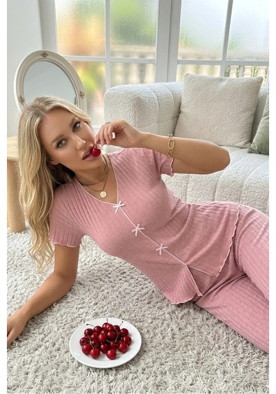 Bella Notte V Yaka Pamuklu Fiyonk Detaylı Pijama Takımı Krem