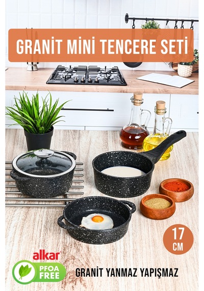 Mini Granit Tencere Seti 4 Parça Yanmaz Yapışmaz Set Siyah