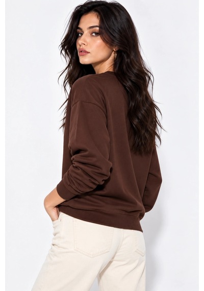 Mevese Kadın Taş İşlemeli Fiyonk Baskı Oversize Üç İplik Rahat Kesim Sweatshirt - Acı Kahve Kahverengi