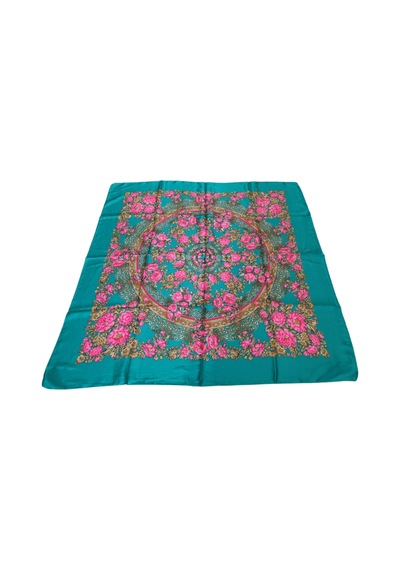 Tikitonki Pembe Çiçek Desenli Kare Kesim Nil Yeşili Eşarp - 90x90 Çok Renkli Çok Renkli