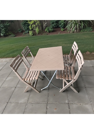 Katlanır Bahçe & Balkon Seti 60x90 Masa + 4 Katlanır Sandaly Piknik Masa Sandalye Bej Cappucino