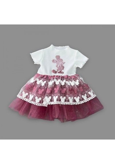 Candar 1-2-3 Yaş Kız Bebek Elbisesi Payetli Mickey Baskılı Ve Brode Etekli Rose