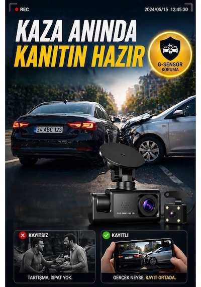 Wifi 1080p 3 Kameralı Araç İçi Kamera Lcd Ekranlı Gece Görüşlü G Sensörlü Geniş Açılı