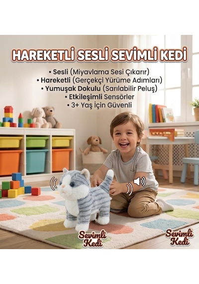 Sevimli Kedi Kumandalı Sesli Miyavlıyan Dil Çıkaran 5 Fonksiyonlu Oyuncak Peluş Hayvan Beyaz Gri Çok Renkli