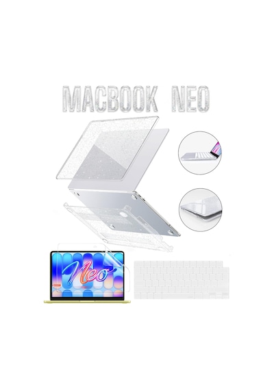 Macbook Neo 13 İnç A3404 Uyumlu Şeffaf Kılıf Ekran Ve Klavye Koruyucu Set Kristal Parlak Kapak Simli