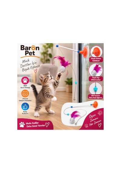 Baron Pet Vantuzlu Kedi Oltası Tüylü Top Zilli Cam Duvar Kedi Oyuncağı