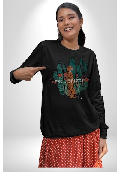 Kaktüs Çita Unisex Siyah Baskılı Sweatshirt Siyah