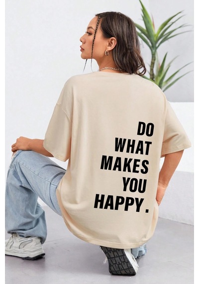 Unisex Sırt Baskılı Do What Oversize Tshirt Bej