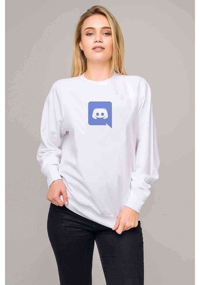 Discord Logo Baskılı Beyaz Kadın Sweatshirt