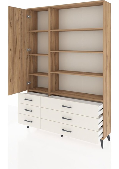 Arges Dolap 8 Raflı 6 Çekmeceli Tek Kapaklı 132x30x195 Çam-ç... Çam