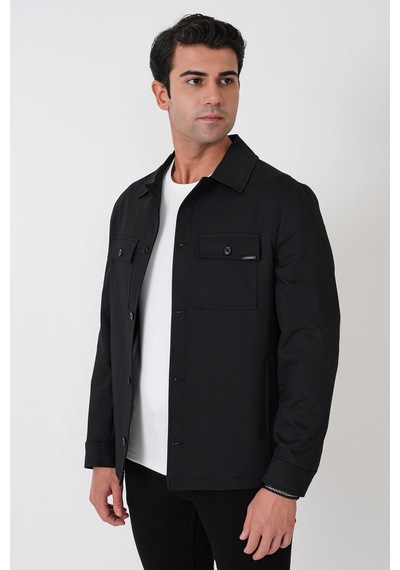 Comfort Fit Yan Cepli Esnek Pamuklu Siyah Gömlek Ceket C 731