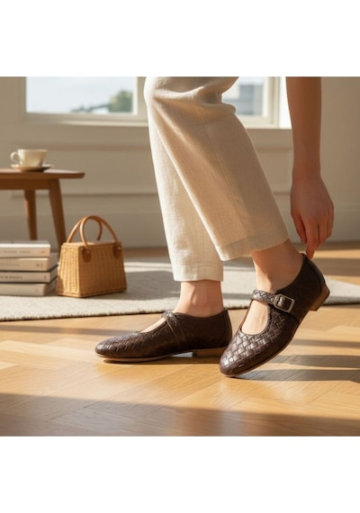 Ne&ve Shoes Kahve Hakiki Deri Örgü Detaylı Tokalı Kaddın Yuvarlak Burun Babet Kahverengi