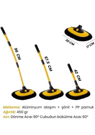 Ultra Yumuşak Premium Mikrofiber Ufak Makarna Başlıklı Teleskopik Araç Yıkama Mopu 1 Adet 50 - 110 Cm Mikrofiber Makarna Mop Havlu
