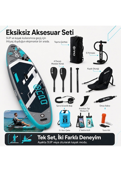 Npo Aqua Gray 350x84x15cm Şişme Military Sup Paddle Board 196kg Kürek Pompa Çanta Koltuklu Full Set