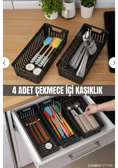 4'lü Modüler Kaşıklık Seti - Mutfak Düzenleyici Çekmece Içi Organizer Bıçaklık Kepçelik Siyah Siyah