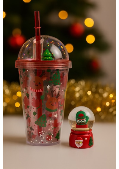 Gençlere Özel 2'li Kombin Noel Seti Geyik Desenli 450 Ml Suluk & Işıklı Eldiven Kar Küresi 6.5 Cm Çok Renkli