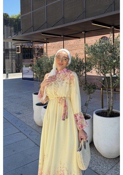 Riella Butik Çiçek Desenli Tesettür Elbise Sarı