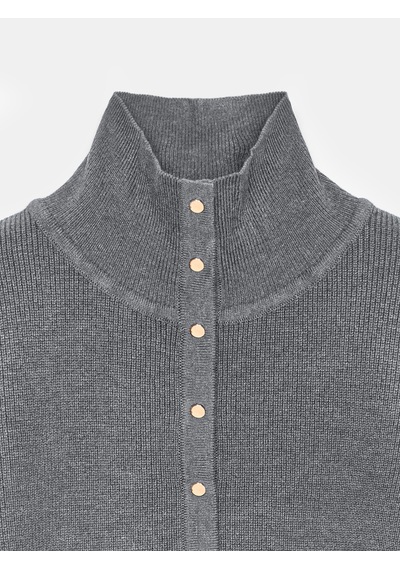 Dilvin 10686 Dik Yaka Çıtçıtlı Triko Kazak-füme
