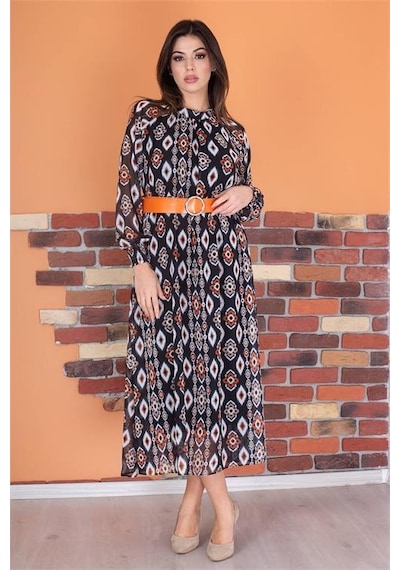 Dip Moda Kadın Kemerli Yaka Detaylı Uzun Şifon Elbise Dpry0032 Siyah - Turuncu