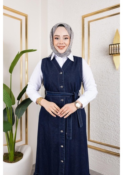 Harman Butik Kadın Düğmeli Kuşaklı Kot Jile Lacivert