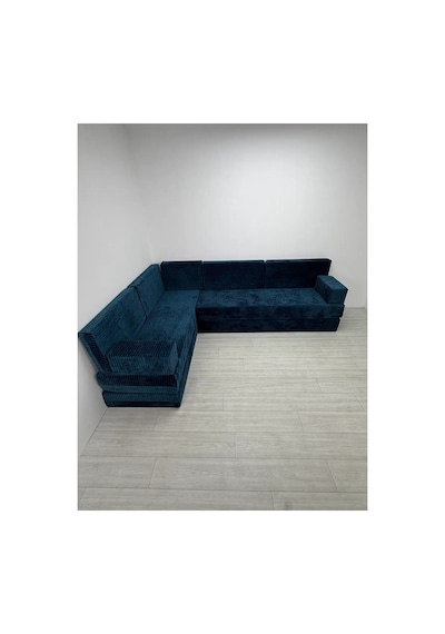 Premium Kadife Kumaş, Konforlu Yer Kanepesi ,modüler Şark Köşesi Takımı - Mavi - 40 Cm- L Set