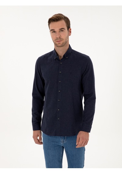 Cacharel Lacivert Slim Fit Pamuk Karışımlı Yakası Düğmeli Flanel Gömlek